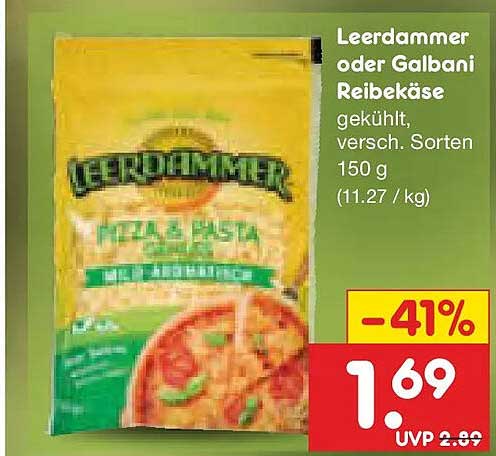 Leerdammer oder Galbani Reibekäse gekühlt, versch. Sorten 150 g (11.27 / kg)