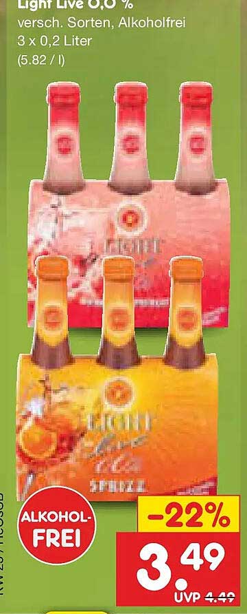 Light Live 0,0 % versch. Sorten, Alkoholrei 3 x 0,2 Liter (5.82 / l)