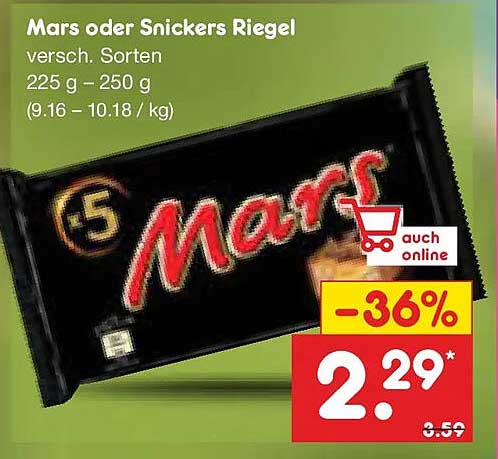 Mars oder Snickers Riegel versch. Sorten 225 g – 250 g (9.16 – 10.18 / kg)