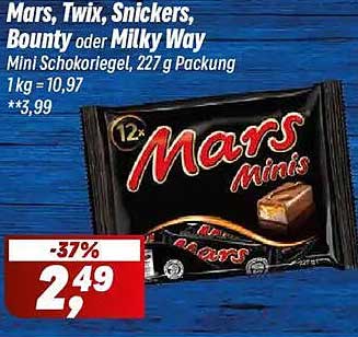 Mars, Twix, Snickers, Bounty oder Milky Way Mini Schokoriegel, 227 g Packung