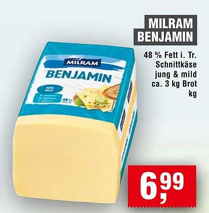 MILRAM BENJAMIN 48 % Fett i. Tr. Schnittkäse jung & mild ca. 3 kg Brot kg