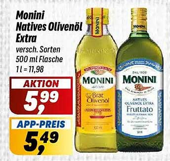 Monini Natives Olivenöl Extra versch. Sorten 500 ml Flasche 1 l = 11,98