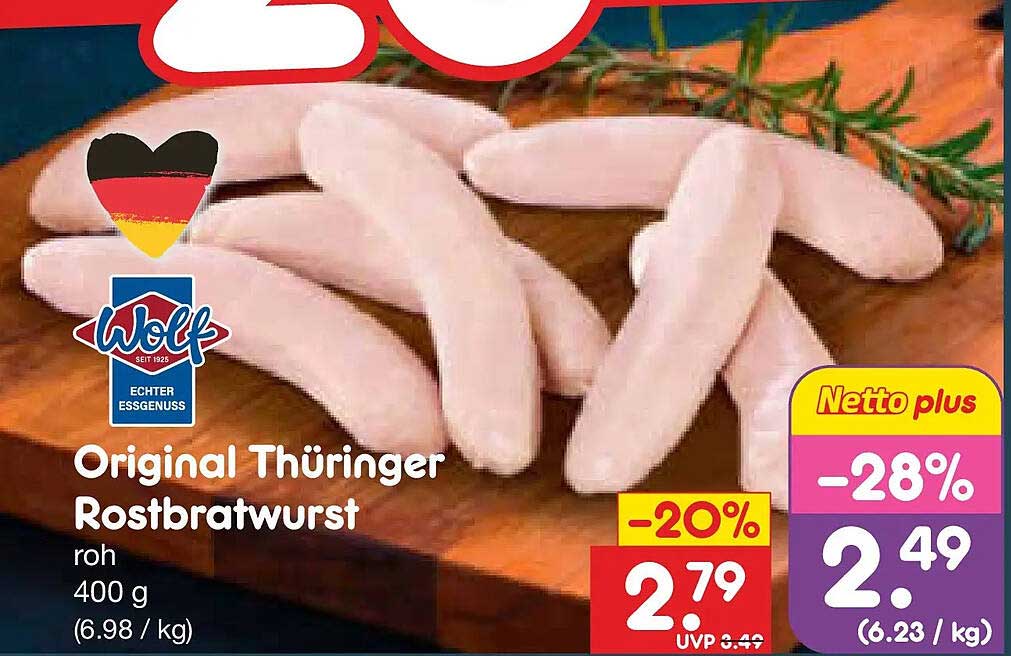 Original Thüringer Rostbratwurst roh 400 g (6.98 / kg)