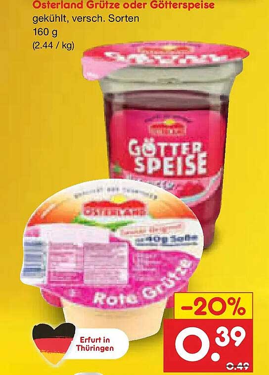 Osterland Grütze oder Götterspeise gekühlt, versch. Sorten 160 g (2.44 / kg)