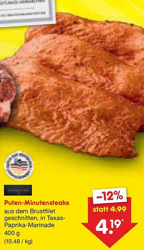 Puten-Minutensteaks aus dem Brustfilet geschnitten, in Texas-Paprika-Marinade 400 g