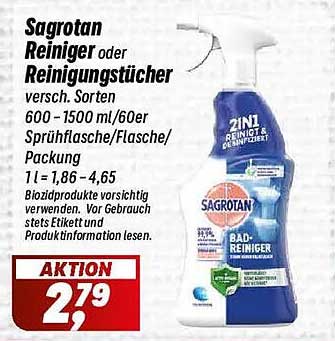 Sagrotan Reiniger oder Reinigungstücher versch. Sorten 600 - 1500 ml/60er Sprühflasche/Flasche/Packung