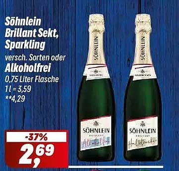 Söhnlein Brillant Sekt, Sparkling versch. Sorten oder Alkoholfrei 0,75 Liter Flasche 1l = 3,59 **4,29