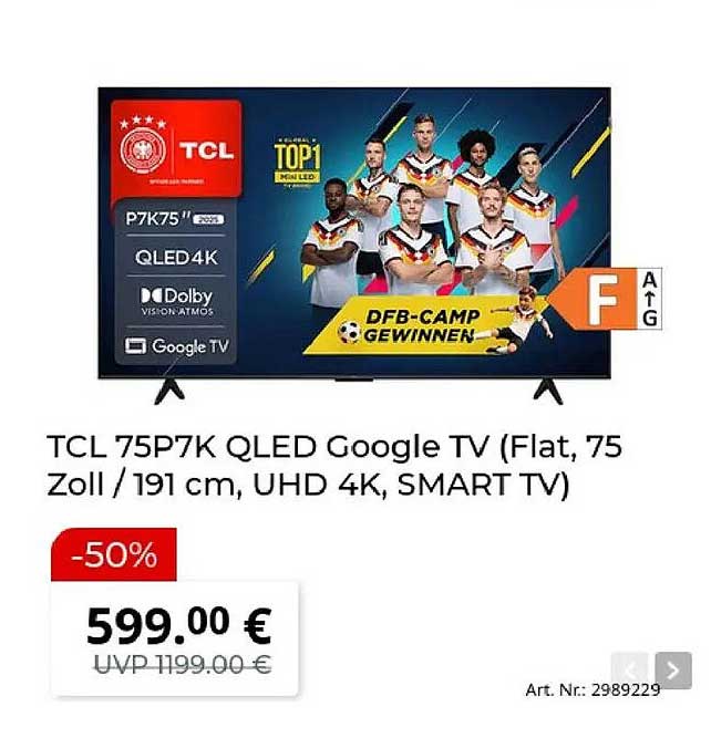 TCL 75P7K QLED Google TV (Flat, 75 Zoll / 191 cm, UHD 4K, SMART TV)