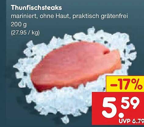 Thunfischsteaks mariniert, ohne Haut, praktisch grätenfrei 200 g (27.95 / kg)