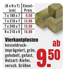 Vierkantpfosten kesseldruck-imprägniert, grün, gehobelt, gefast, Holzart: Kiefer, verschl. Größen