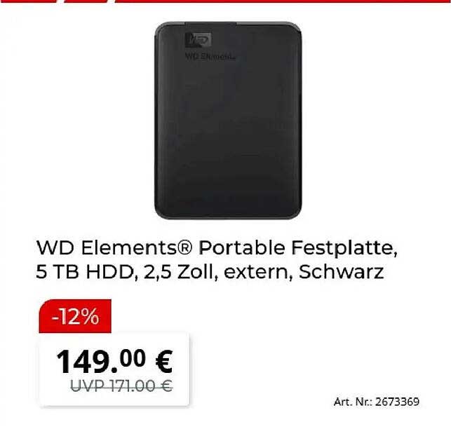 WD Elements® Portable Festplatte, 5 TB HDD, 2,5 Zoll, extern, Schwarz