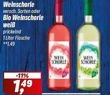 Weinschorle versch. Sorten oder Bio Weinschorle weiß prickelnd 1 Liter Flasche