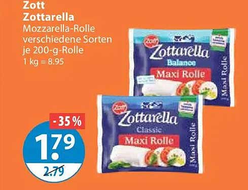 Zott Zottarella Mozzarella-Rolle verschiedene Sorten je 200-g-Rolle 1 kg = 8.95