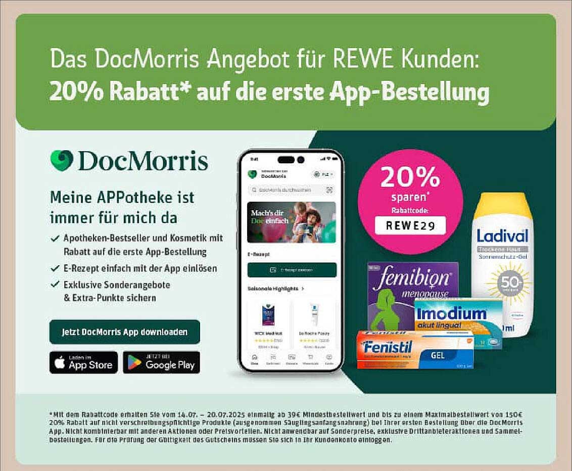 20% Rabatt auf die erste App-Bestellung bei DocMorris für REWE Kunden