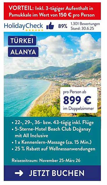 3-tägiger Aufenthalt im 5-Sterne-Hotel Beach Club Doğanay in Alanya, Türkei