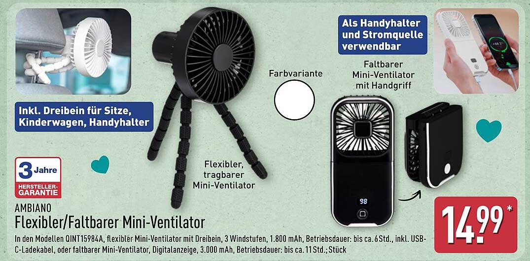 Ambiano Flexibler/Faltbarer Mini-Ventilator