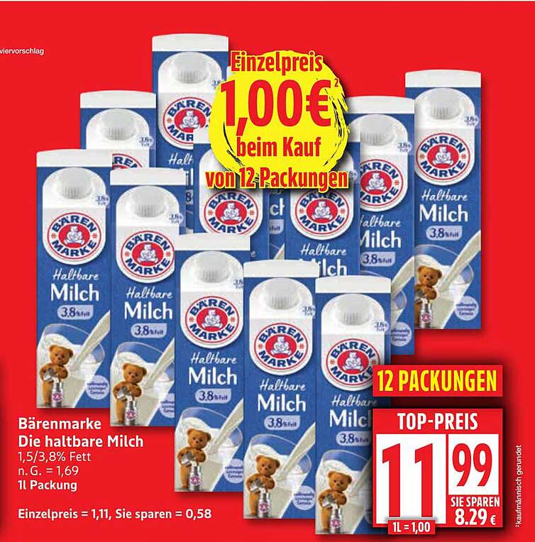 Bärenmarke Halbfare Milch 3,8% Fett - 12 Packungen