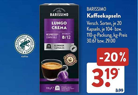 BARISSIMO Kaffeekapseln Lungo Crema, 20 Kapseln
