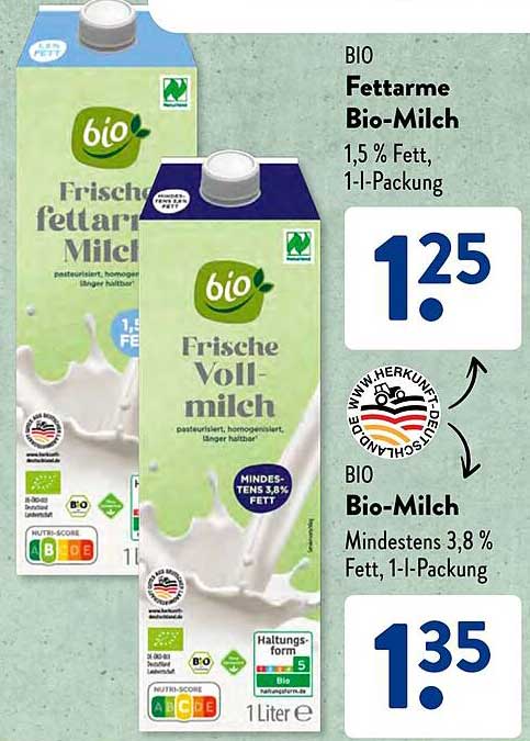 BIO Frische Vollmilch und fettarme Bio-Milch 1-L-Packung
