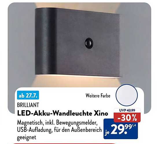 BRILLIANT LED-AKKU-WANDLEUCHTE XINO - MAGNETISCH, INKL. BEWEGUNGSMELDER, USB-AUFLADUNG, FÜR DEN AUSSENBEREICH GEEIGNET