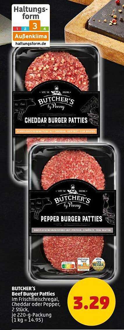 BUTCHER'S Beef Burger Patties - Cheddar oder Pepper, 220 g, 2 Stück