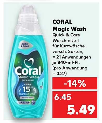CORAL Magic Wash Waschmittel für Kurzwäsche 840 ml