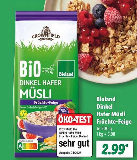 Crownfield Bio Dinkel Hafer Müsli Früchte-Feige 500 g