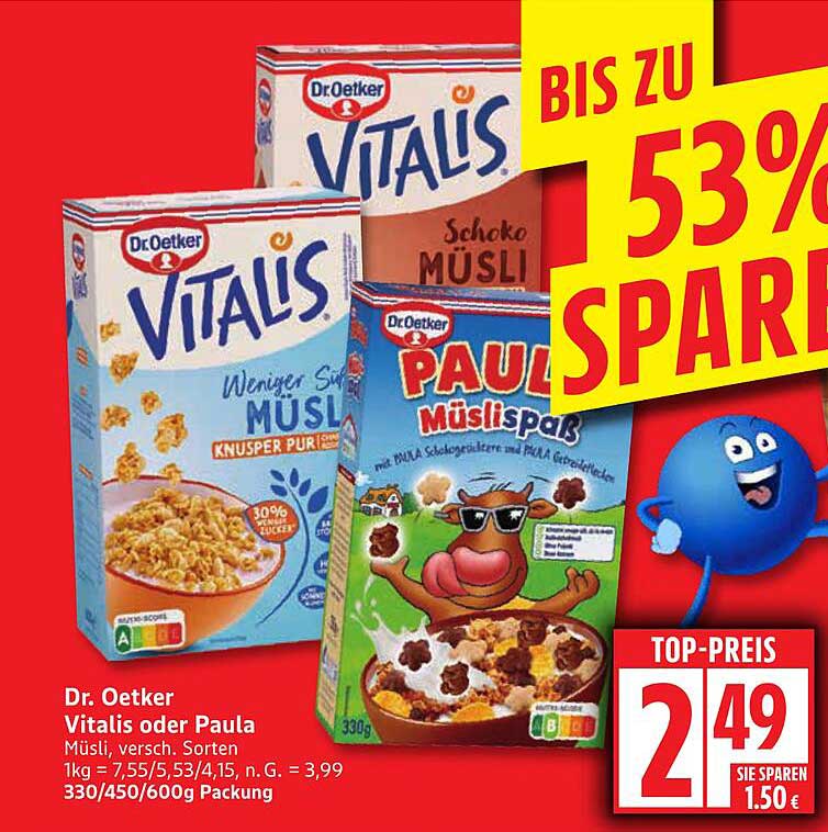 Dr. Oetker Vitalis oder Paula Müslis, verschiedene Sorten
