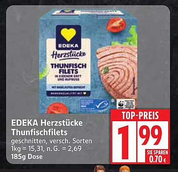 EDEKA Herzstücke Thunfischfilets in einer 185g Dose