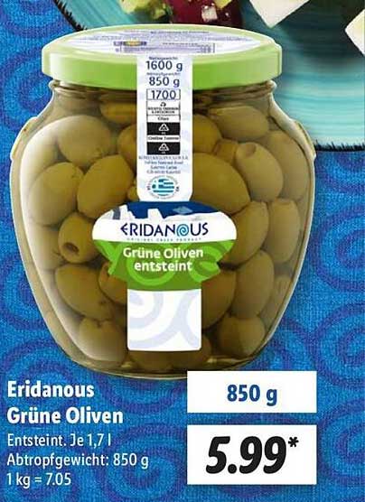 Eridanous Grüne Oliven entsteint - 850 g
