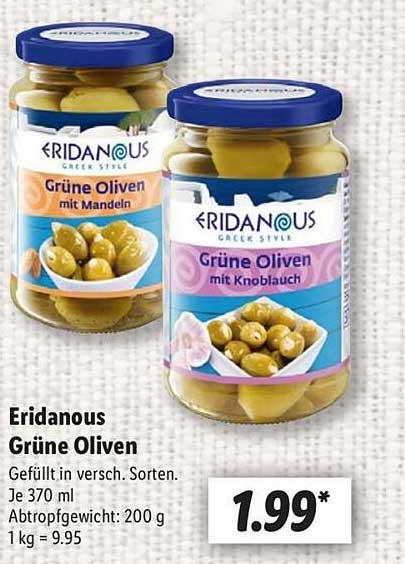 Eridanous Grüne Oliven mit Mandeln oder Knoblauch – 370 ml