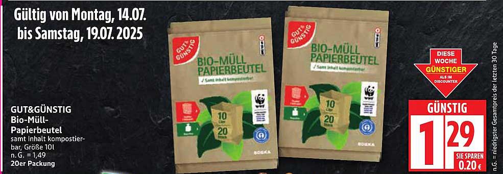 GUT&GÜNSTIG Bio-Müll-Papiertüten 20er Packung