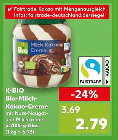 K-BIO Bio-Milch-Kakao-Creme mit Nuss-Nougat- und Milchcreme je 400-g-Glas