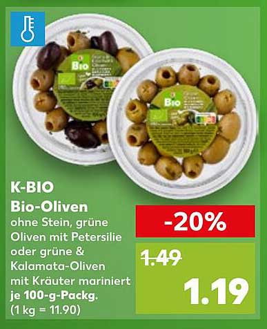 K-BIO Bio-Oliven ohne Stein, grüne Oliven mit Petersilie oder grüne & Kalamata-Oliven mit Kräutern mariniert