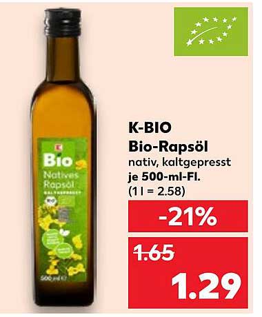 K-BIO Bio-Rapsöl nativ, kaltgepresst je 500-ml-Fl.