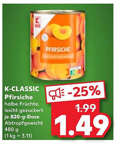 K-CLASSIC Pfirsiche halbe Früchte, leicht gezuckert je 820-g-Dose