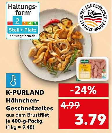 K-PURLAND Hähnchen-Geschnetzeltes aus dem Brustfilet je 400-g-Packg.
