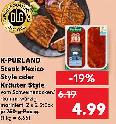 K-PURLAND Steak Mexico Style oder Kräuter Style vom Schweinenacken/-kamm, würzig mariniert, 2 x 2 Stück je 750-g-Pack.