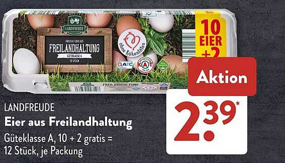 Landfreude Eier aus Freilandhaltung, Güteklasse A, 10 + 2 gratis