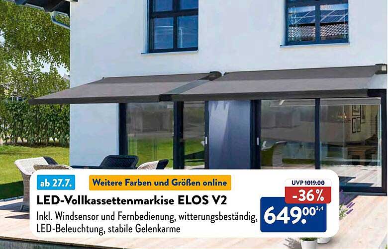 LED-Vollmarkise ELOS V2 inkl. Windsensor und Fernbedienung