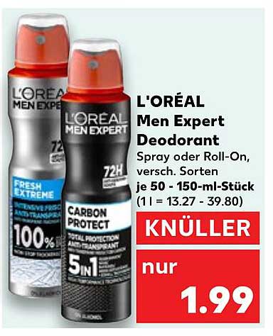 L'ORÉAL Men Expert Deodorant Spray oder Roll-On, 150-ml-Stück