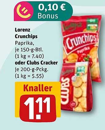 Lorenz Crunchips Paprika oder Clubs Cracker zum Knallerpreis