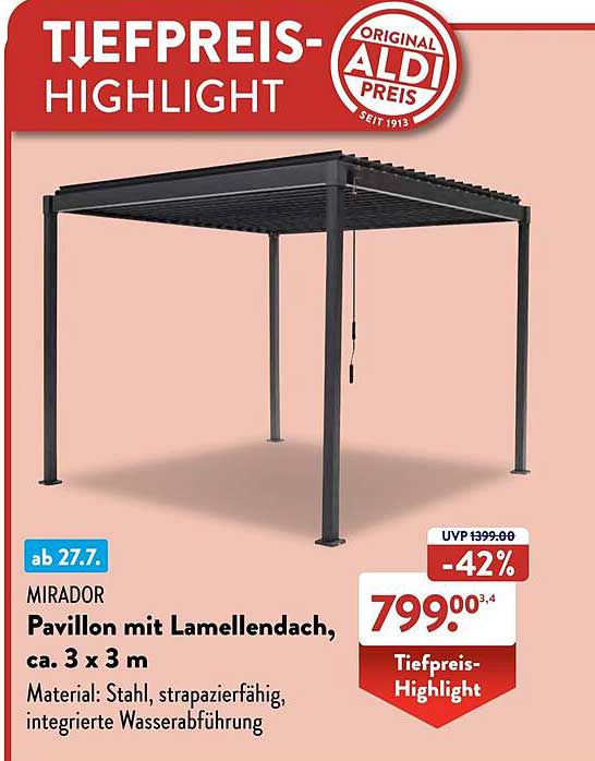 MIRADOR Pavillon mit Lamellendach, ca. 3 x 3 m