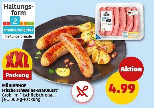 MÜHLENHOF Frische Schweine-Bratwurst* Grob, im Frischfleischregal, je 1.000-g-Packung