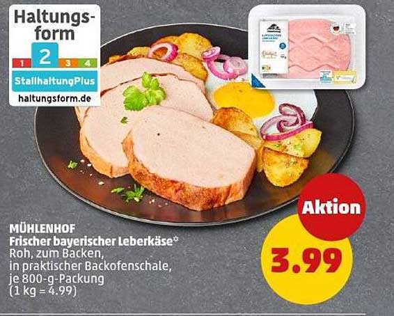 Mühlenhof Frischer bayerischer Leberkäse – Roh, zum Backen, 800-g-Packung