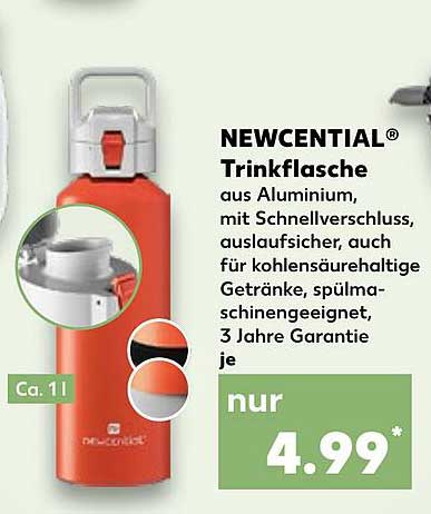NEWCENTIAL® Trinkflasche aus Aluminium, mit Schnellverschluss, auslaufsicher, auch für kohlensäurehaltige Getränke, spülmaschinengeeignet, 3 Jahre Garantie