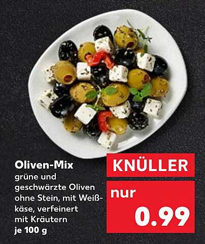 Oliven-Mix – grüne und geschwärzte Oliven ohne Stein, mit Weißkäse, verfeinert mit Kräutern