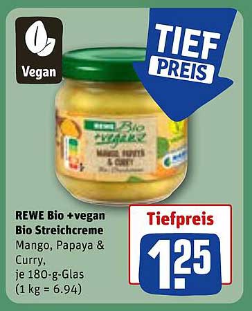 REWE Bio + vegan Bio Streichcreme Mango, Papaya & Curry, je 180-g-Glas