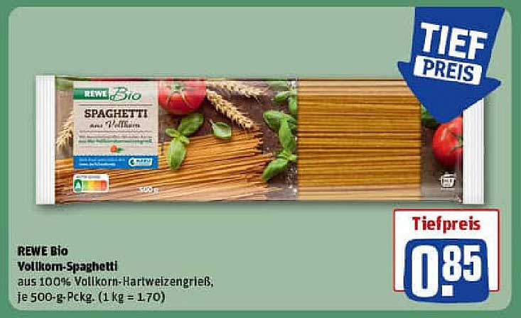 REWE Bio Vollkorn-Spaghetti aus 100% Vollkorn-Hartweizengrieß, je 500-g-Pckg.