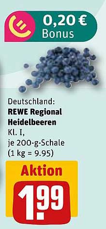 REWE Regional Heidelbeeren Kl. I, je 200-g-Schale (1 kg = 9.95)